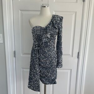 NWOT Pretty Women Silver One Shoulder Sequin Ruffle HOCO Cocktail Dress Size S-M
